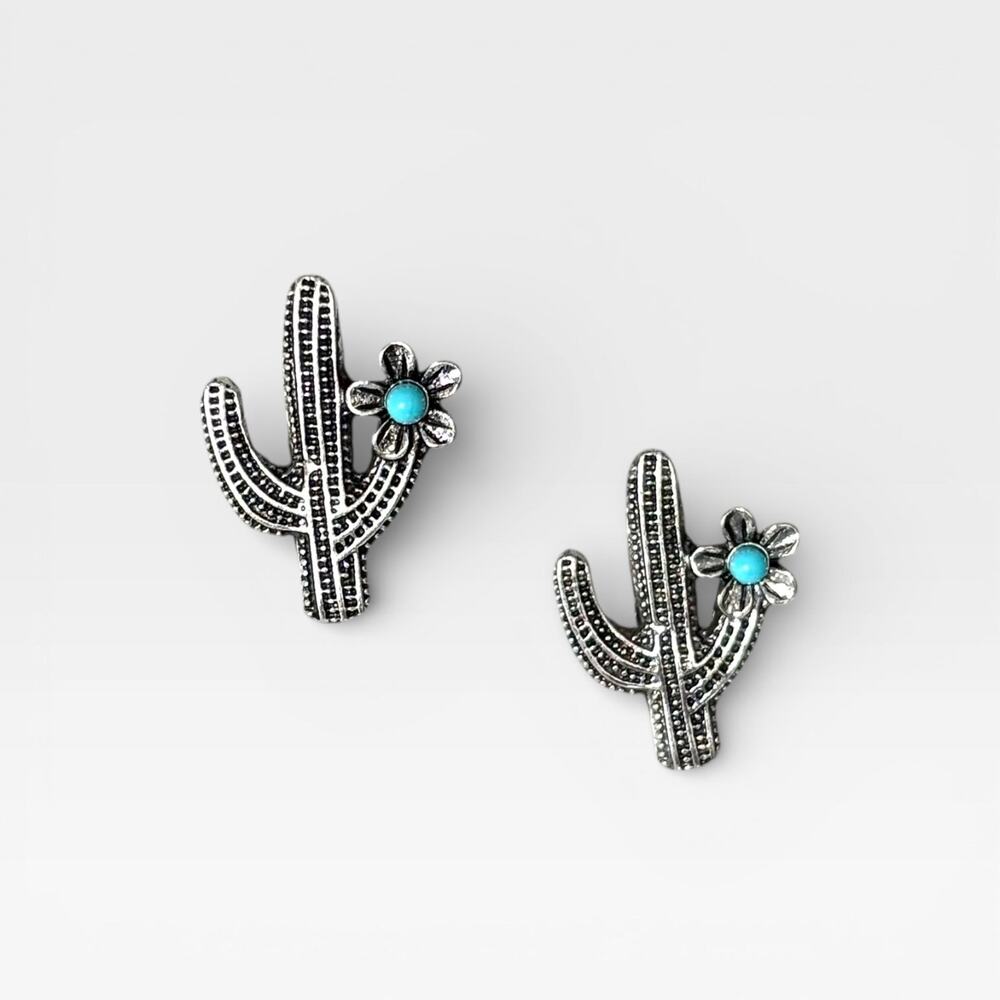 Silver Cactus Turquoise Stud Earrings